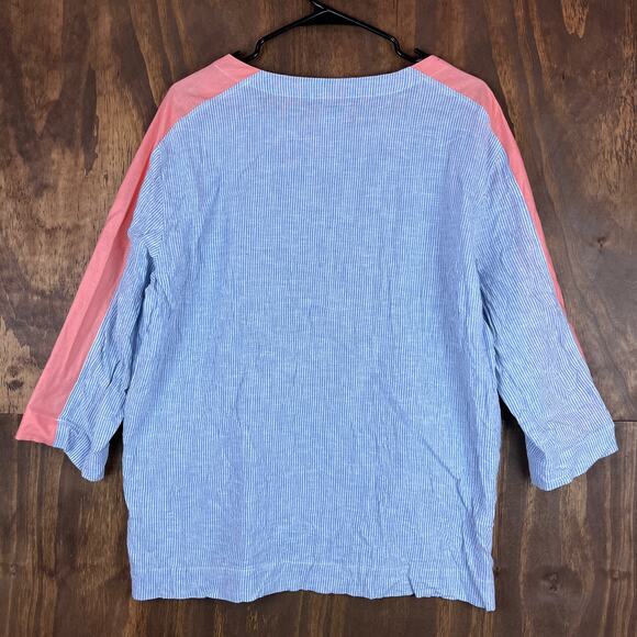 A La Carte Womens Blouse Blue Pink Colorblock Striped Linen 3/4 Sleeve Tunic M - Picture 10 of 12